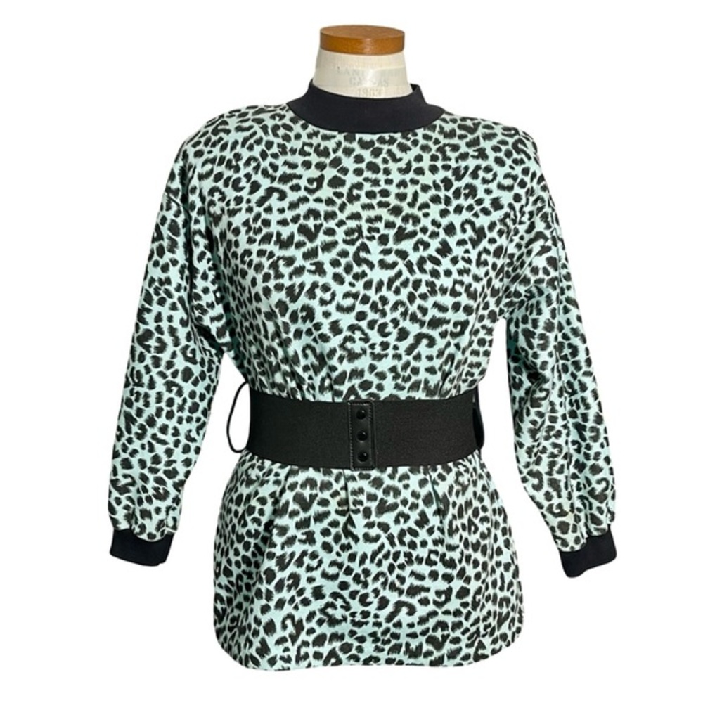 1980’s Sky Lite Aqua Leopard Print Mock Neck Long Sleeve Belted Top